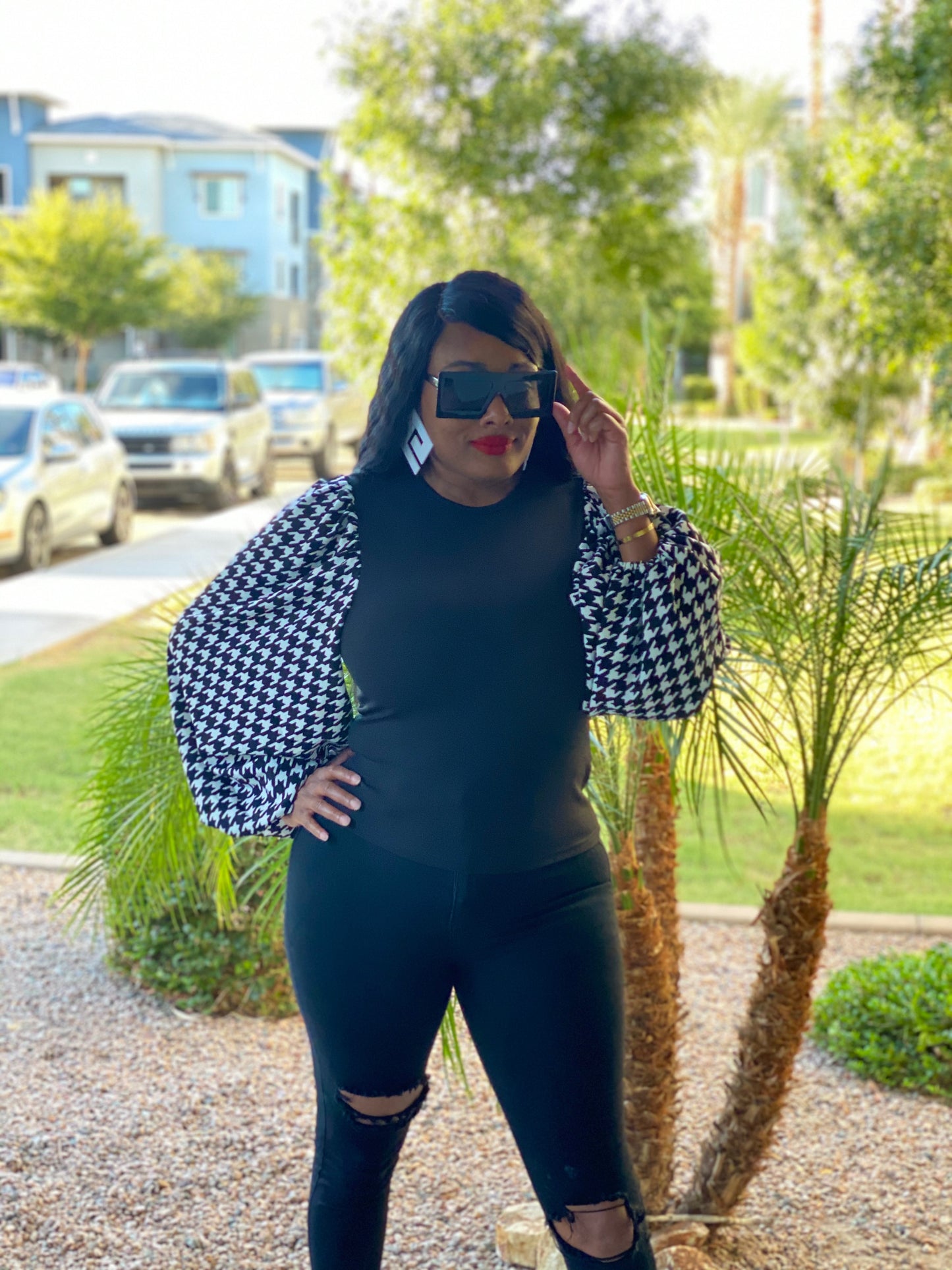 Houndstooth Puffy Sleeve Top